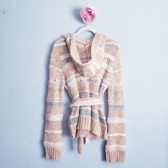 Sleeping On Snow Cream Striped Open Knit Button Down Belted Wool Blend Cardigan - Picture 7 of 7
